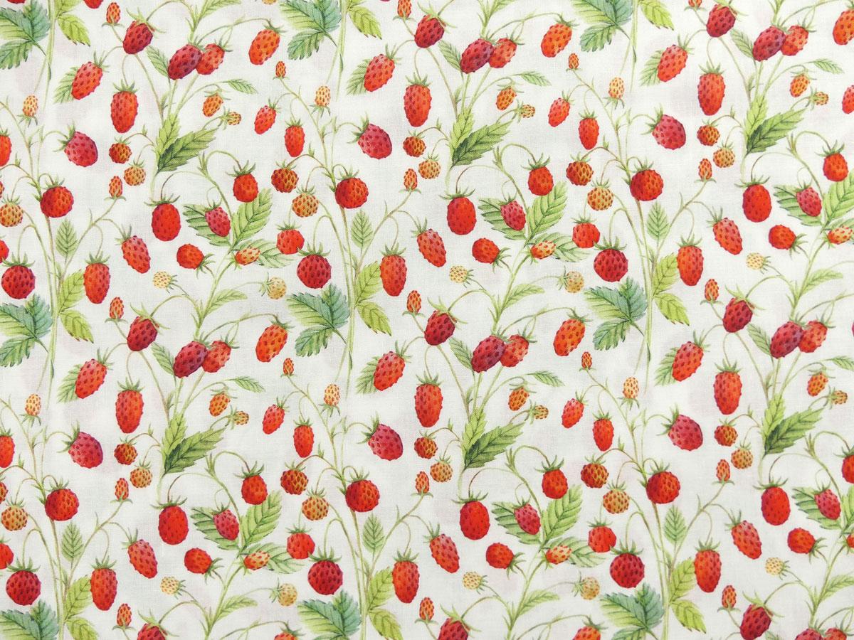 Quiltstoff mit herrlichen Walderdbeeren auf weißem Hintergung von In the Beginning Fabrics